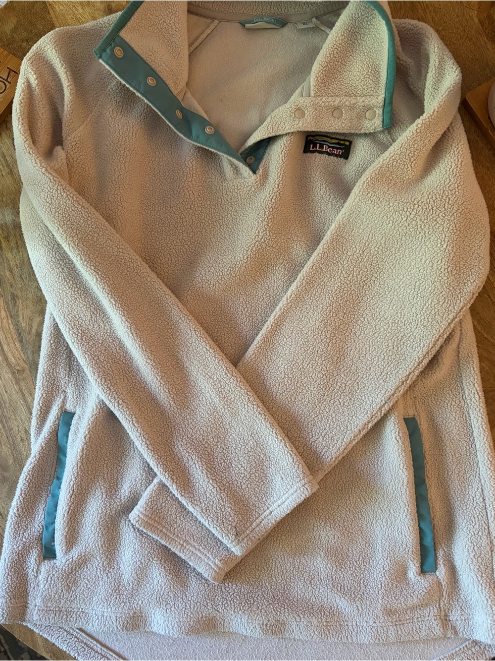 L.L. Bean Cream Fleece Pullover with Teal Trim